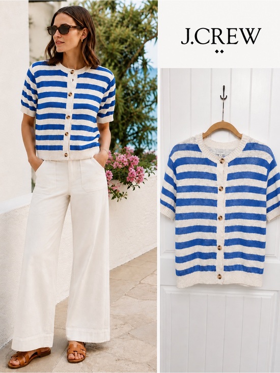J. Crew Sweaters - J. Crew Blue and White Striped Button-Front Short Sleeve Cardigan